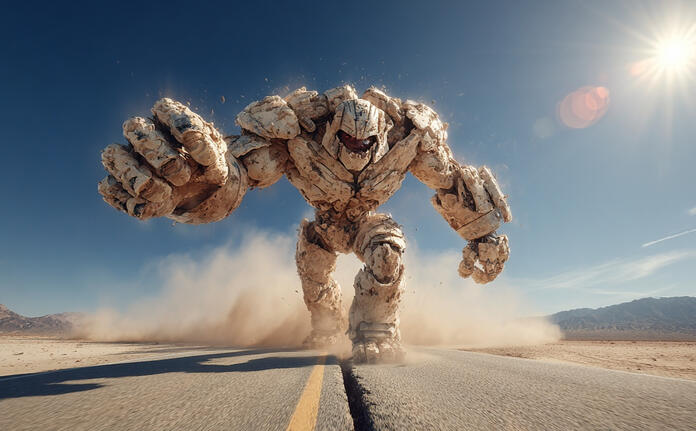 a massive sand crater splitting a deserted asphalt road in the Nevada desert