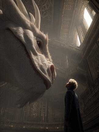 Bastian facing Falkor the luckdragon
