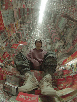 A fisheye editorial fashion photograph of a 40-year-old Asian woman