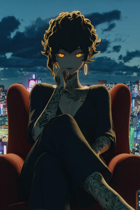 A stylish woman sits confidently in a plush red chair