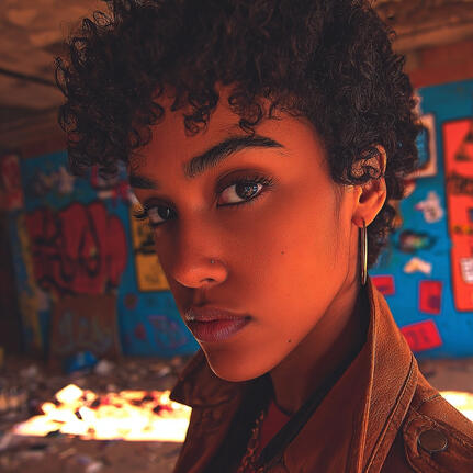 a portrait of a young afro american woman with striking emerald eyes and tousled dark hair
