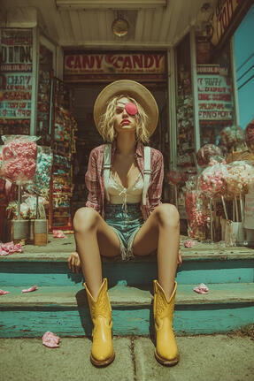 a rebellious and attractive blonde woman, seated provocatively