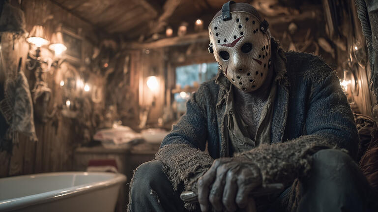 Jason Voorhees sitting on a toilet inside a dark cabin bathroom